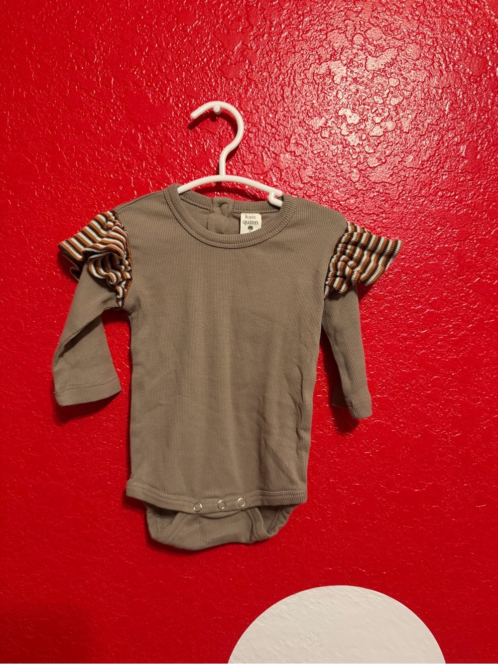 kate quinn Gray Long-Sleeve Ruffle Shoulder Bodysuit with Striped Accents